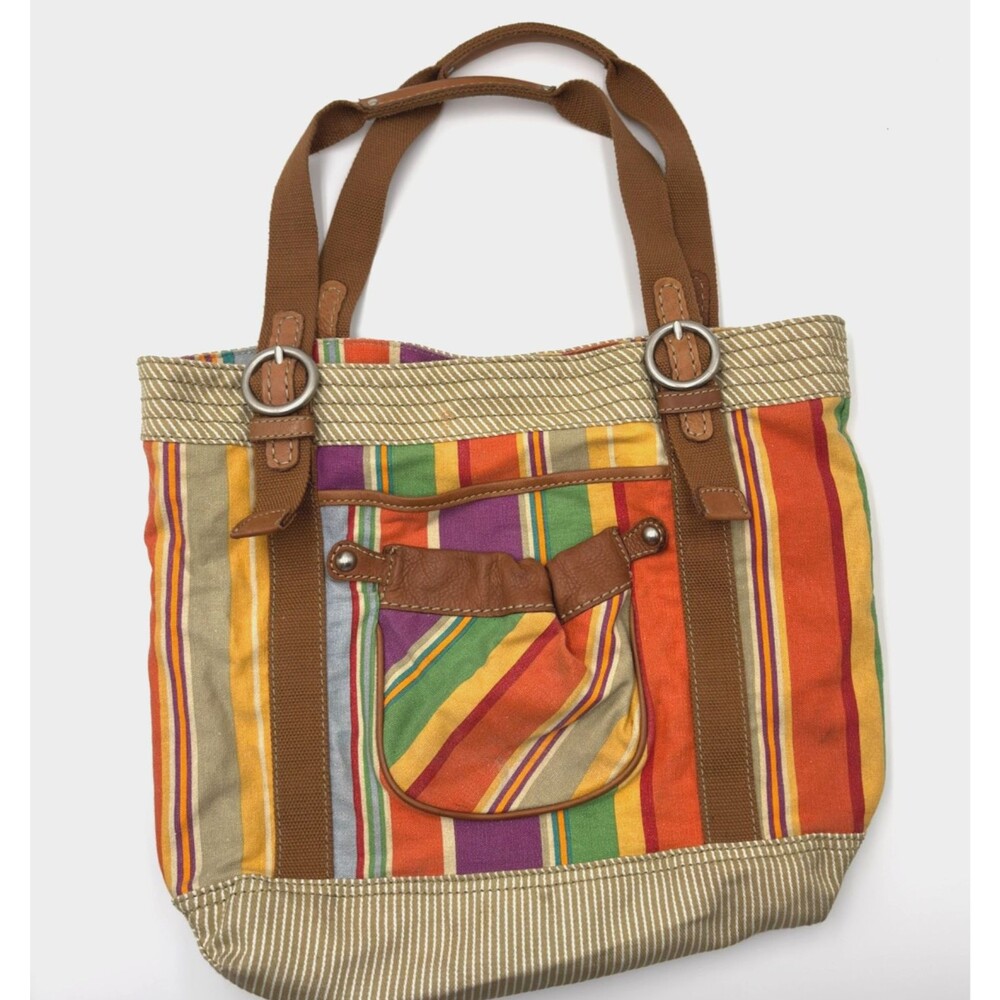 Vintage Fossil Long Live Vintage Striped Canvas Leather Tote Bag Bohemian